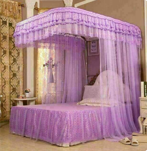 4 Corners Post Luxury Princess Bed Canopy mosquito Net Bedroom Mosquito Netting Bed Curtain Canopy Netting Mosquito Purple Colour
