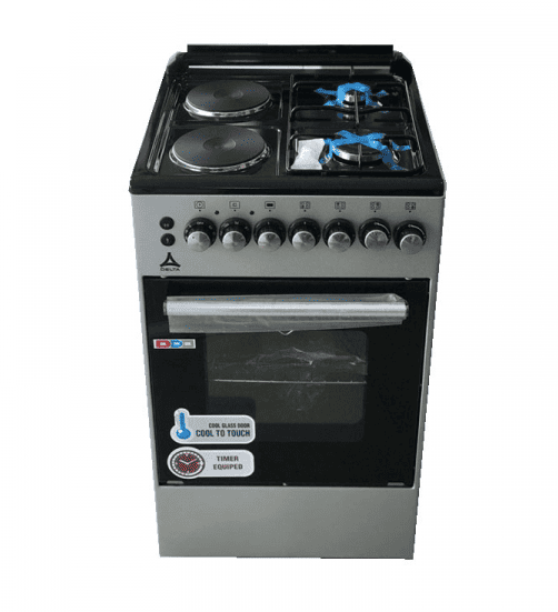 Delta Cooker 2 Gas Burners + 2 Electric Plates, Electric Oven, 50x55cm (Silver & Black) - DGC-5022