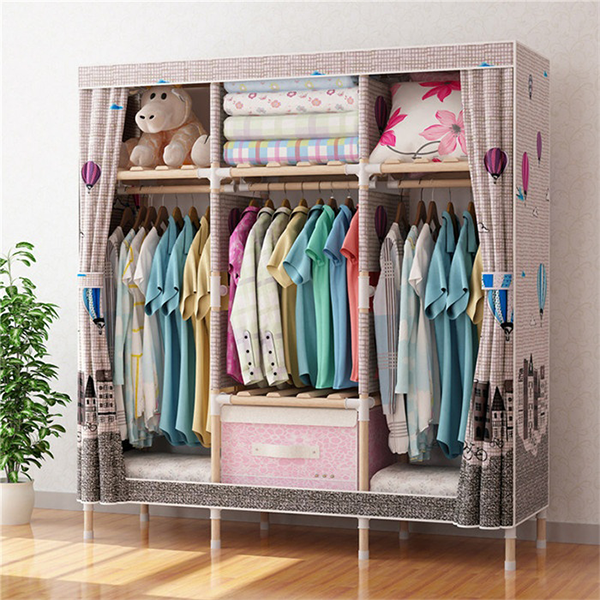3 Column Wooden Portable Wardrobe Closet With Strong Frame and Oxford Fabric Cover - Image 2