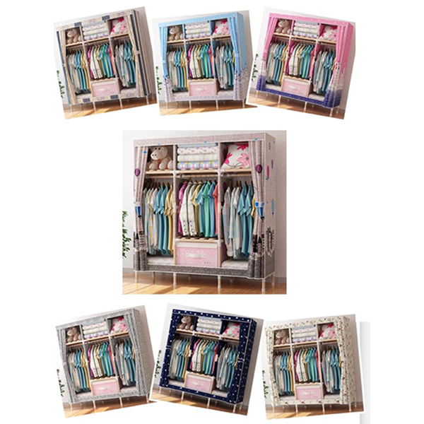 3 Column Wooden Portable Wardrobe Closet With Strong Frame and Oxford Fabric Cover - Image 4