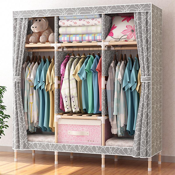 3 Column Wooden Portable Wardrobe Closet With Strong Frame and Oxford Fabric Cover - Image 7