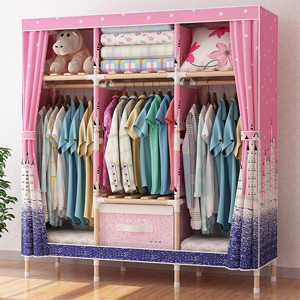 3 Column Wooden Portable Wardrobe Closet With Strong Frame and Oxford Fabric Cover - Image 5