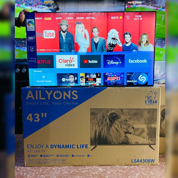Ailyons 43 Inch HD Smart Frameless Television Double Glass, Miracast, Androidtv, Netflix, YouTube