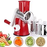 Manual Speedy Rotared Vegetable Cuber Fruit Cheese Nut Slicer Cutter Shredder Grinder Spiralizer,Hand Crank Dicer Chopper Veggie Pasta Salad Maker with 3 Changeable Stainless Steel Rotary Blades (Red)