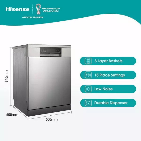 Hisense Dishwasher 15 Place Electronic Touch Screen, A+++ Energy, LED Control Panel, Delay-Start, Power-Off Memory, Water Overflow, Dual Zone, Stainless Steel H15DSS - Image 6