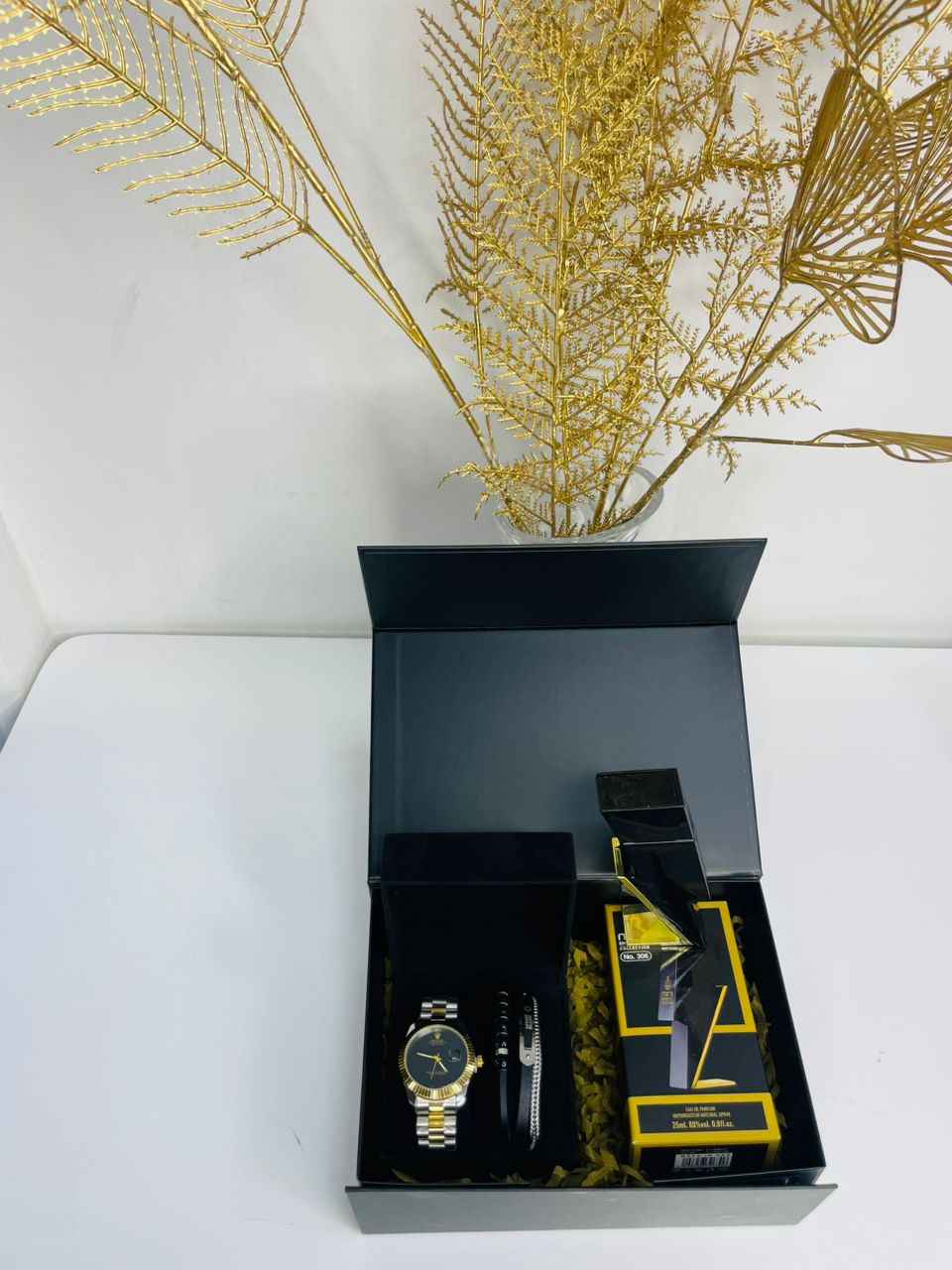 Rolex watch ,Min Brand Black perfume set for men