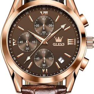 OLEVS Watch for Men Chronograph Brown Leather Gold Case Analog Quartz Fashion Business Dress Large Face Men Watch Day Date Luminous Waterproof Casual Male Wrist Watch Black/Blue/White Dial