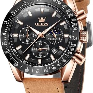 OLEVS Men's Watches, Big Face Wrist Watches with Leather Strap, Quartz Wristwatches Calendar Waterproof Luminous for Male