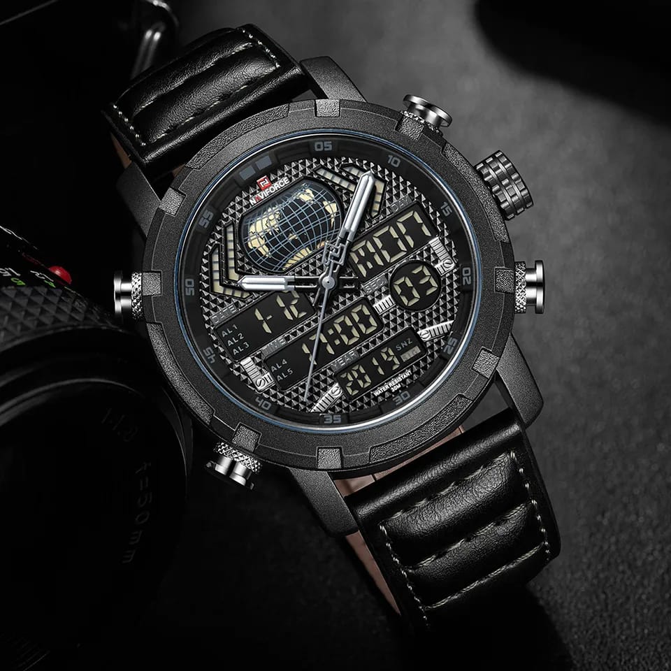 NAVIFORCE Digital Chronograph Analog Sport Watches Genuine Leather Clock Black
