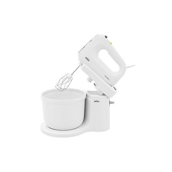 BRAUN HAND MIXER 400W POWEFUL SILENT MOTOR WITH 3L MIXING BOWL, WHISKS KNEADING HOOKS AND SPATULA, 4 SPEEDS