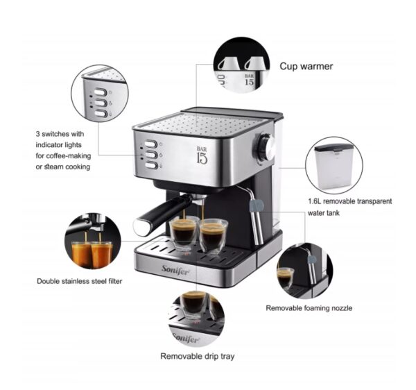 Sonifer 15 Bar Espresso Coffee Maker (850W, 1.6L) - SF-3535 - Image 4