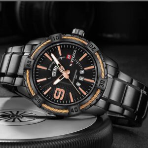 NAVIFORCE Watch Men Casual Date and Day Display Quartz Clock Military Sports Stainless Steel Waterproof Wristwatch Black