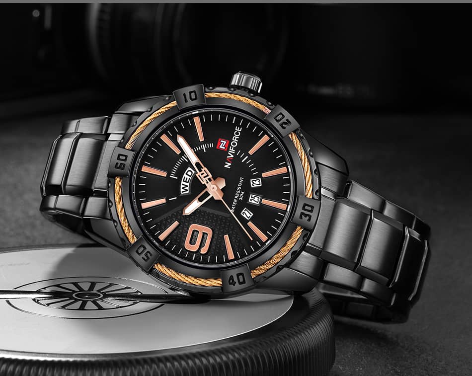NAVIFORCE Watch Men Casual Date and Day Display Quartz Clock Military Sports Stainless Steel Waterproof Wristwatch Black