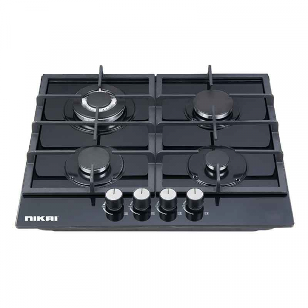 Nikai Gas Built In Hob Cast Iron Pan Support 4 Gas Burner with FFD Projector and Auto Ignition 58x50x12cm 8MM Tempered Glass NGH44G