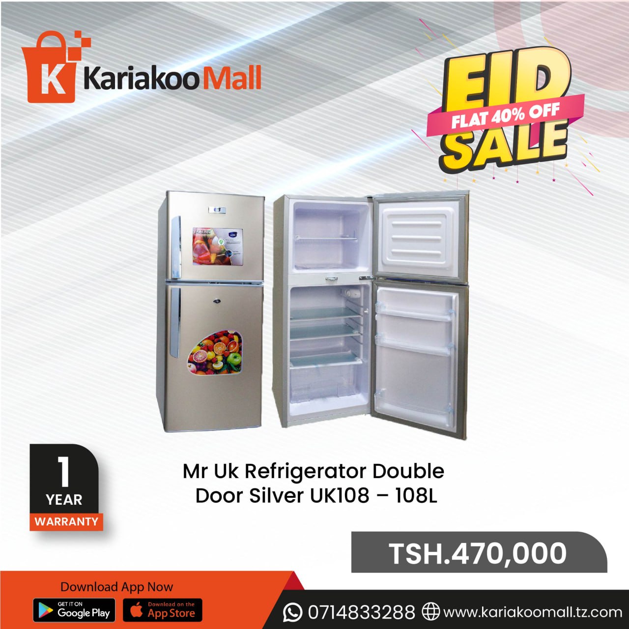 Mr Uk Refrigerator Double Door Silver UK108 – 108L